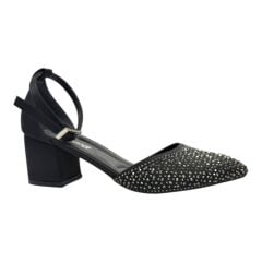 Siyah Taşlı  Sivri Burun Topuklu Zarif Kristal Detay