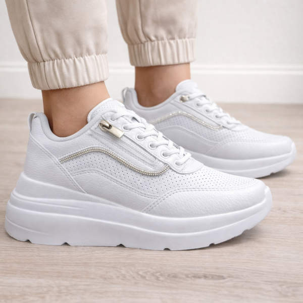 Beyaz Spor Ayakkabı Kalın Taban file görünümlü  Taş Detaylı