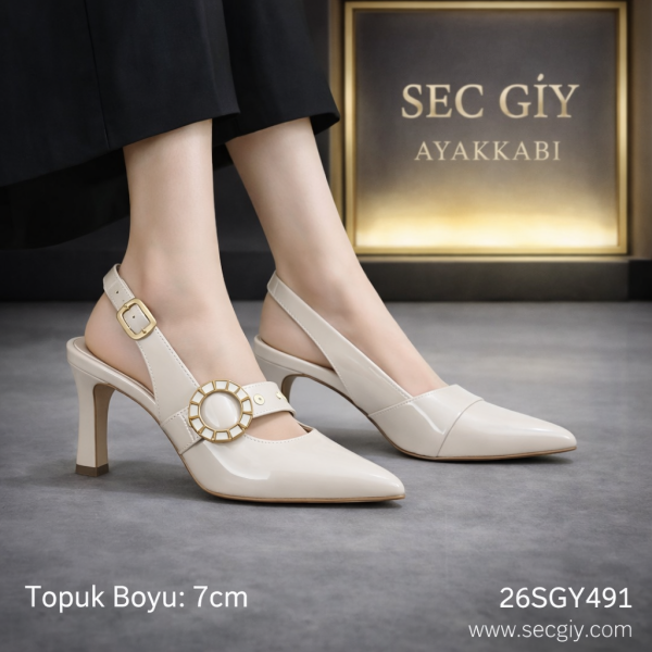 Açık Bej Parlak Halka Aksesuarlı 7 cm İnce Topuklu Kadın Slingback Ayakkabı – Şık ve Zarif Model