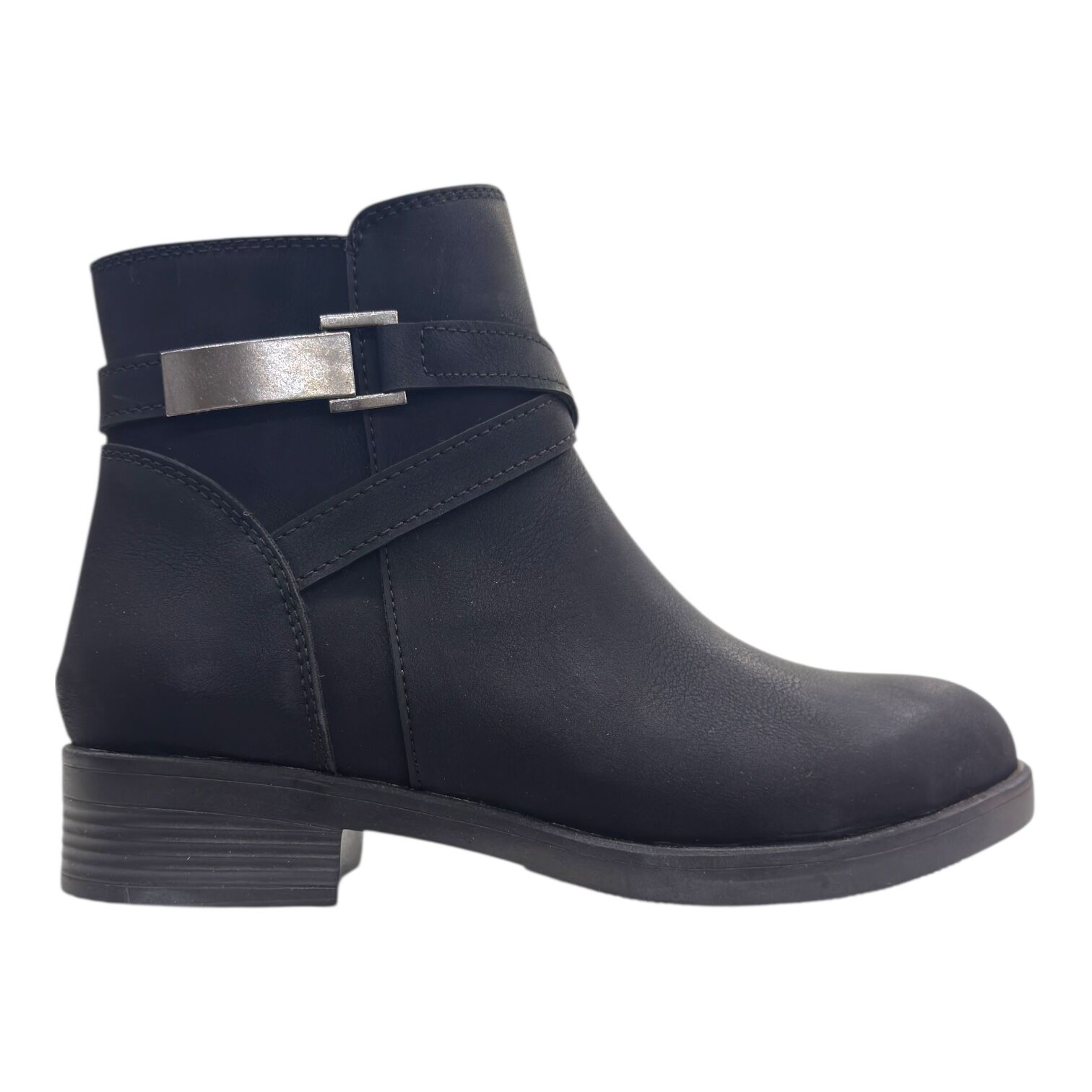 Siyah Şerit Tokalı Alçak Topuklu Bilek Boy Bot, Yuvarlak Burun