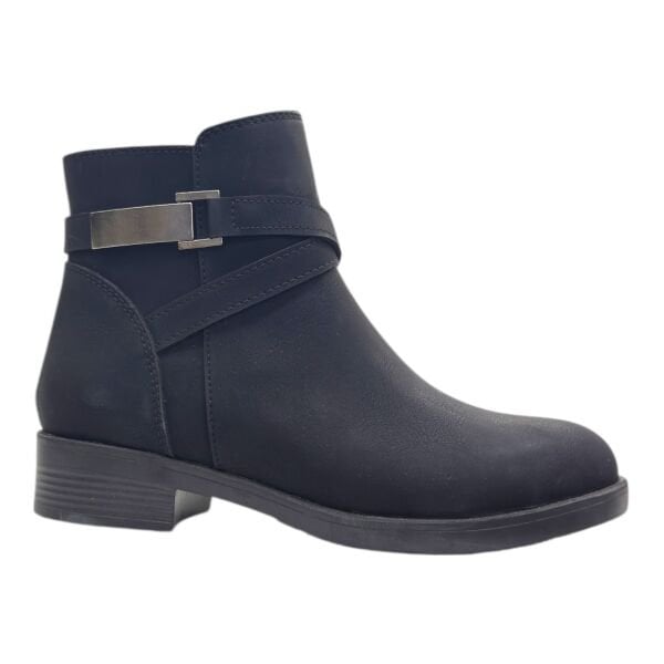 Siyah Şerit Tokalı Alçak Topuklu Bilek Boy Bot, Yuvarlak Burun