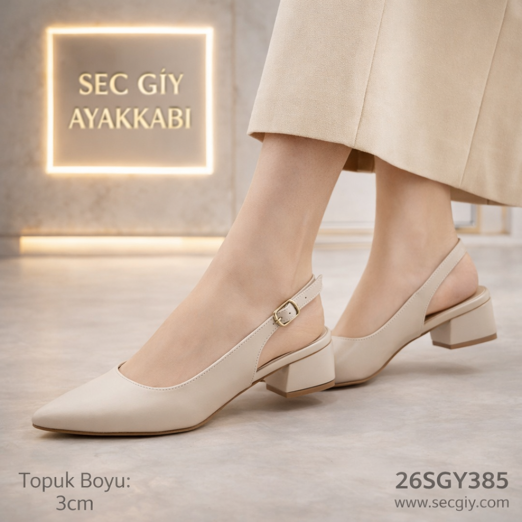 Bej Slingback Kadın Ayakkabı 3 cm Topuklu – Klasik Sivri Burun Günlük Model