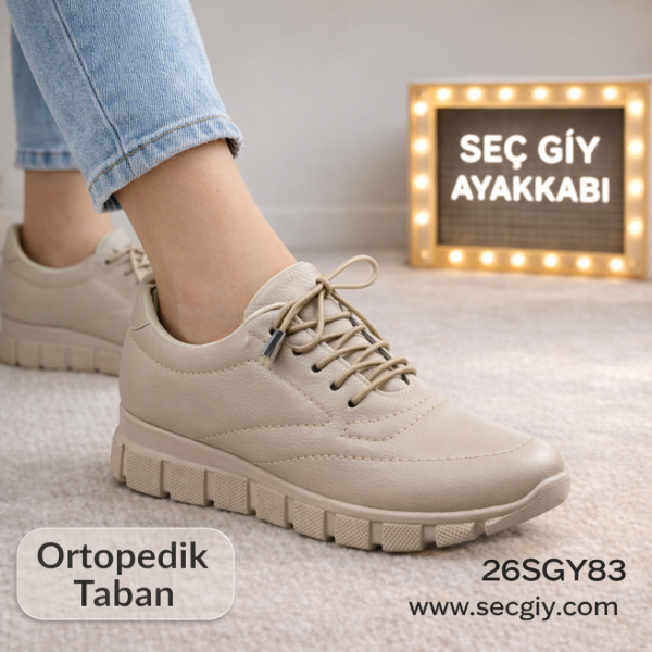 Ortopedik Tabanlı Bej Bayan Spor Ayakkabı – Bağcıklı Günlük Rahat Model