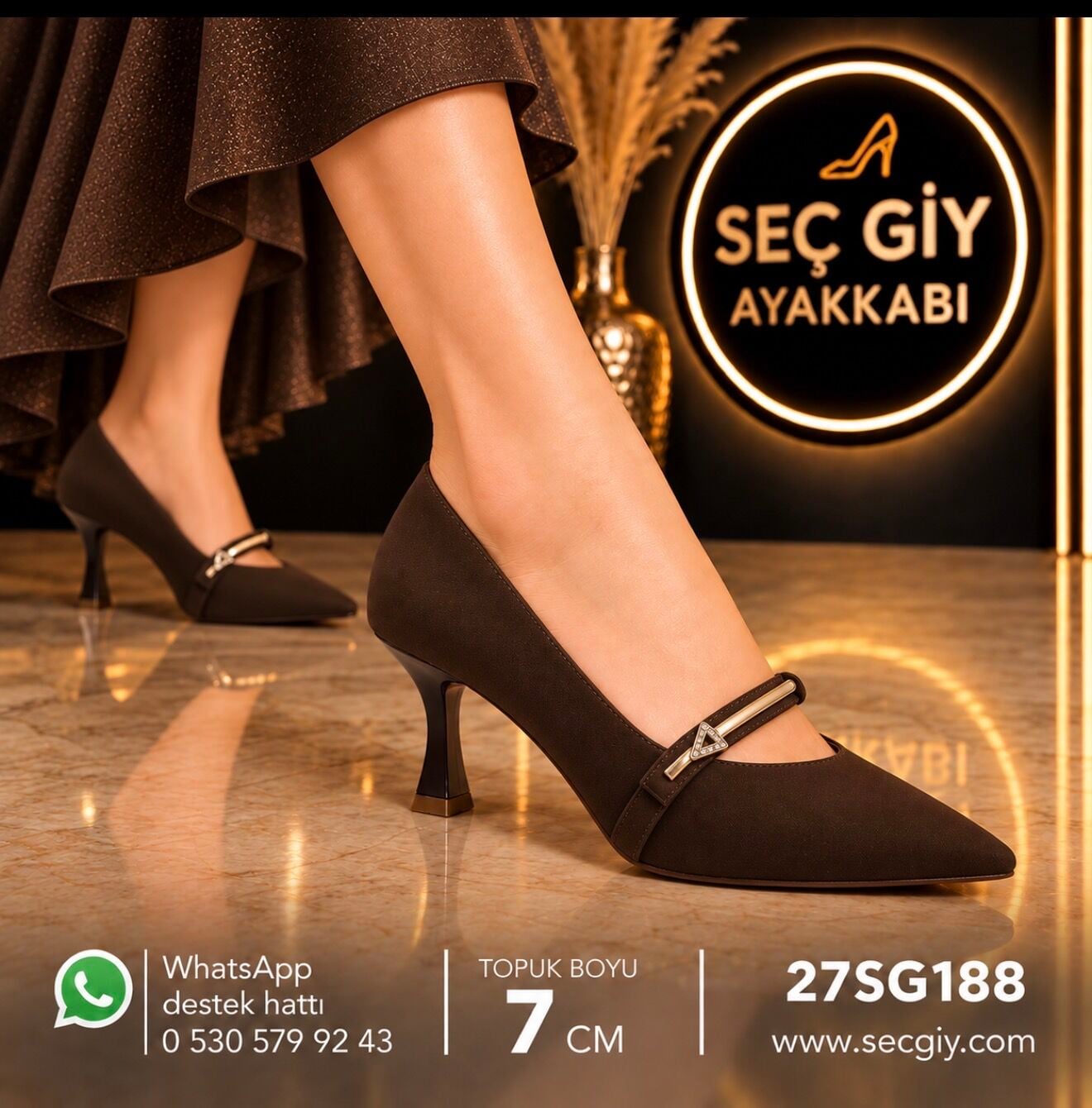 Kadın Acı Kahve Bantlı Sivri Burun Topuklu Ayakkabı – 7 cm Topuk