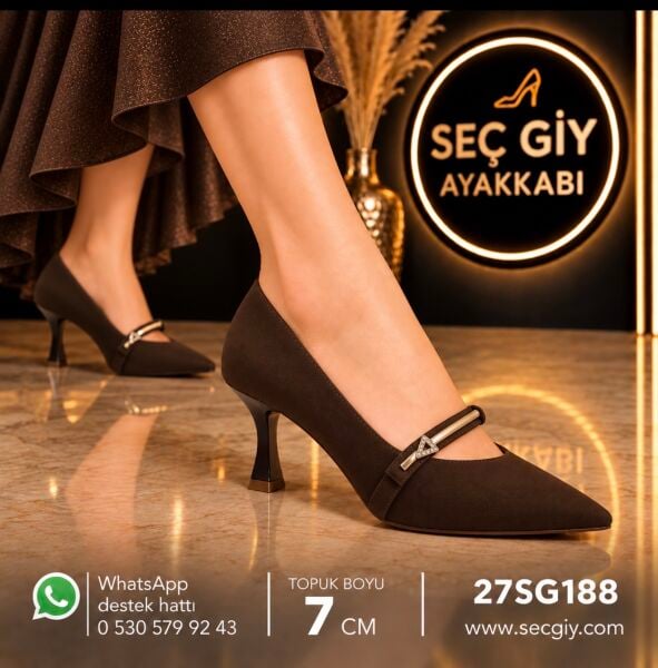 Kadın Acı Kahve Bantlı Sivri Burun Topuklu Ayakkabı – 7 cm Topuk