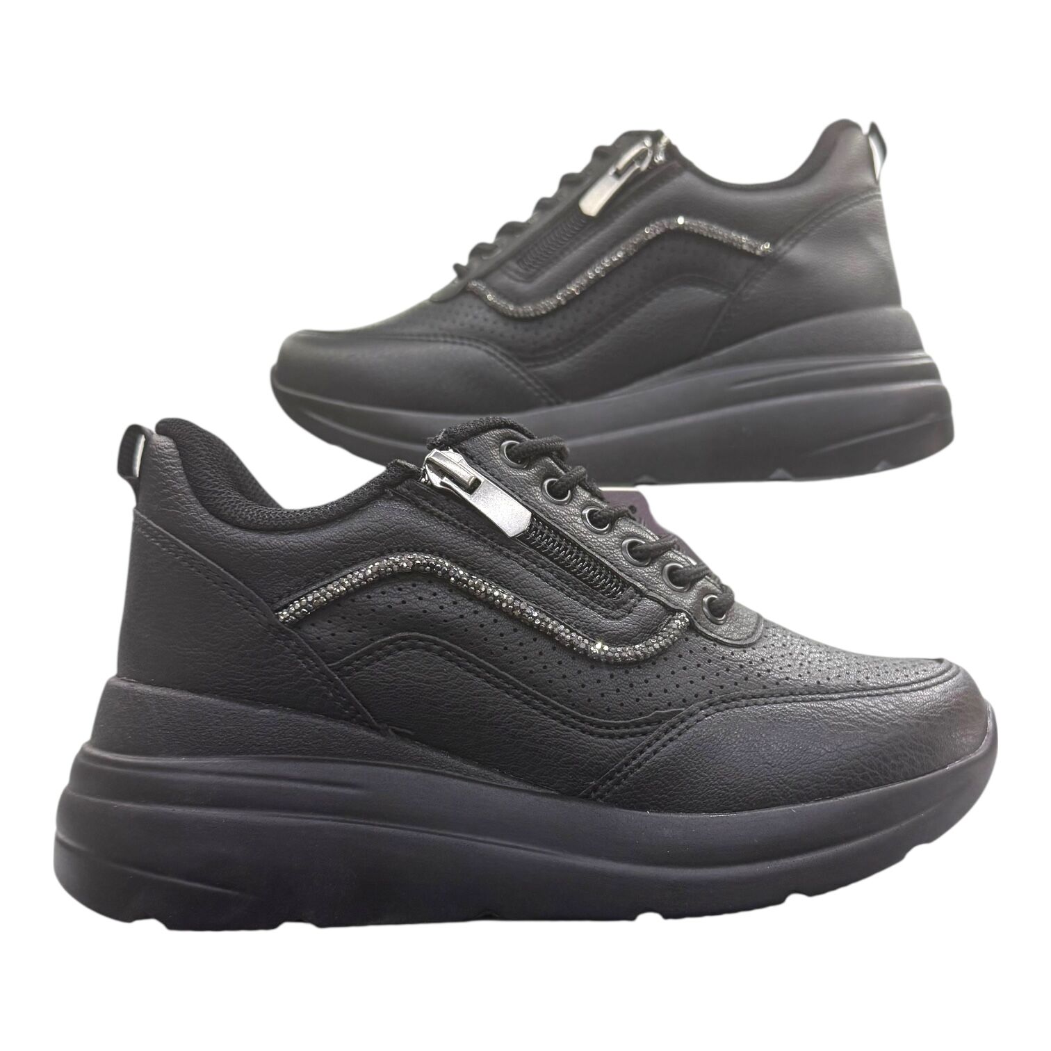 Siyah  Spor Ayakkabı Kalın Taban file görünümlü  Taş Detaylı