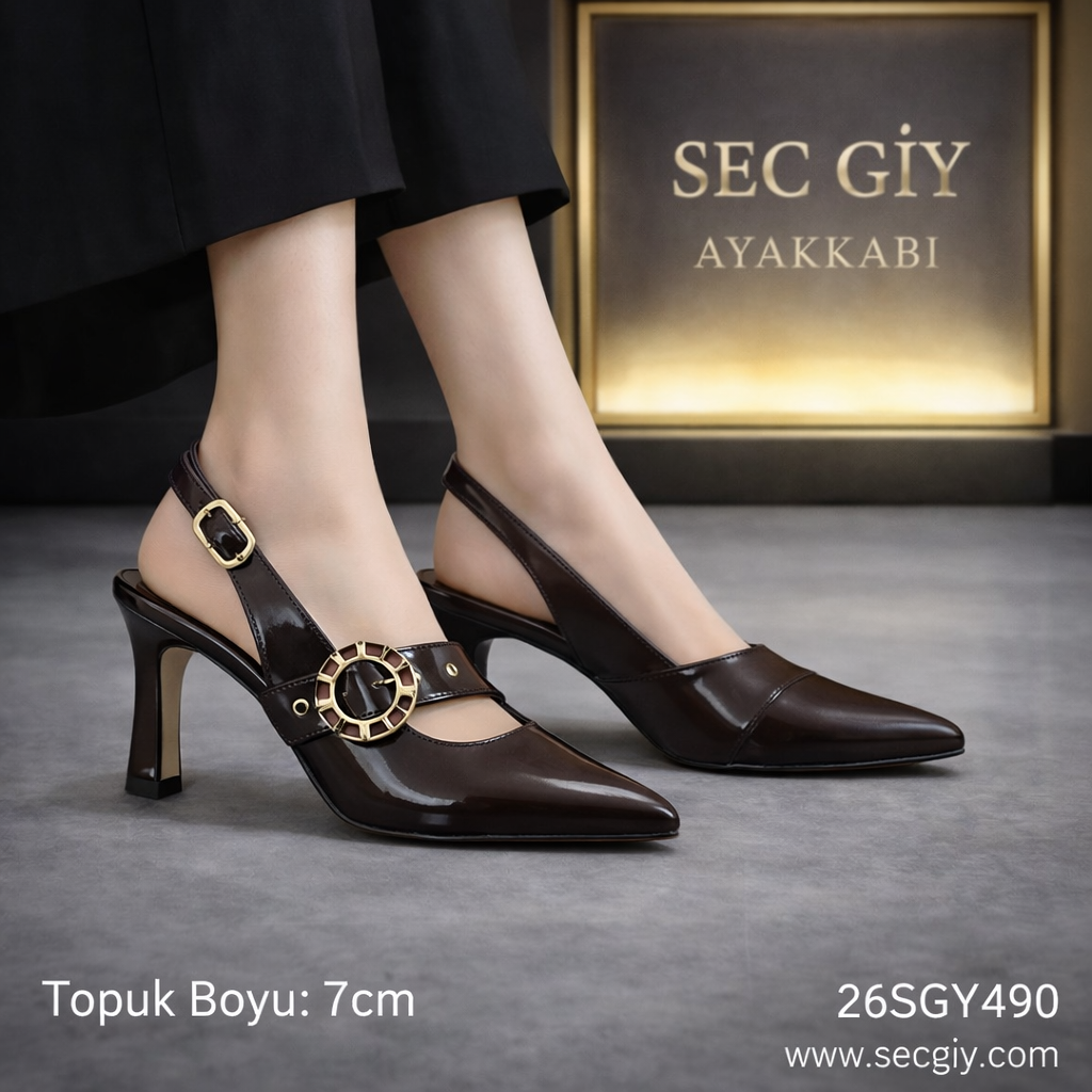 Koyu Kahverengi Parlak Halka Aksesuarlı 7 cm İnce Topuklu Kadın Slingback Ayakkabı – Şık ve Zarif Model