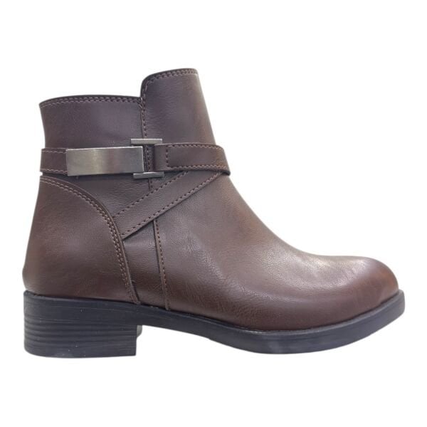 Kahverengi Şerit Tokalı Alçak Topuklu Bilek Boy Bot, Yuvarlak Burun