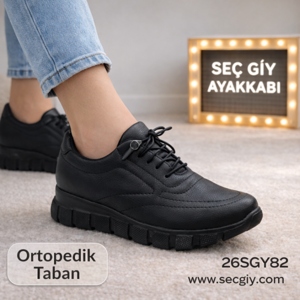Ortopedik Tabanlı siyah  Bayan Spor Ayakkabı – Bağcıklı Günlük Rahat Model