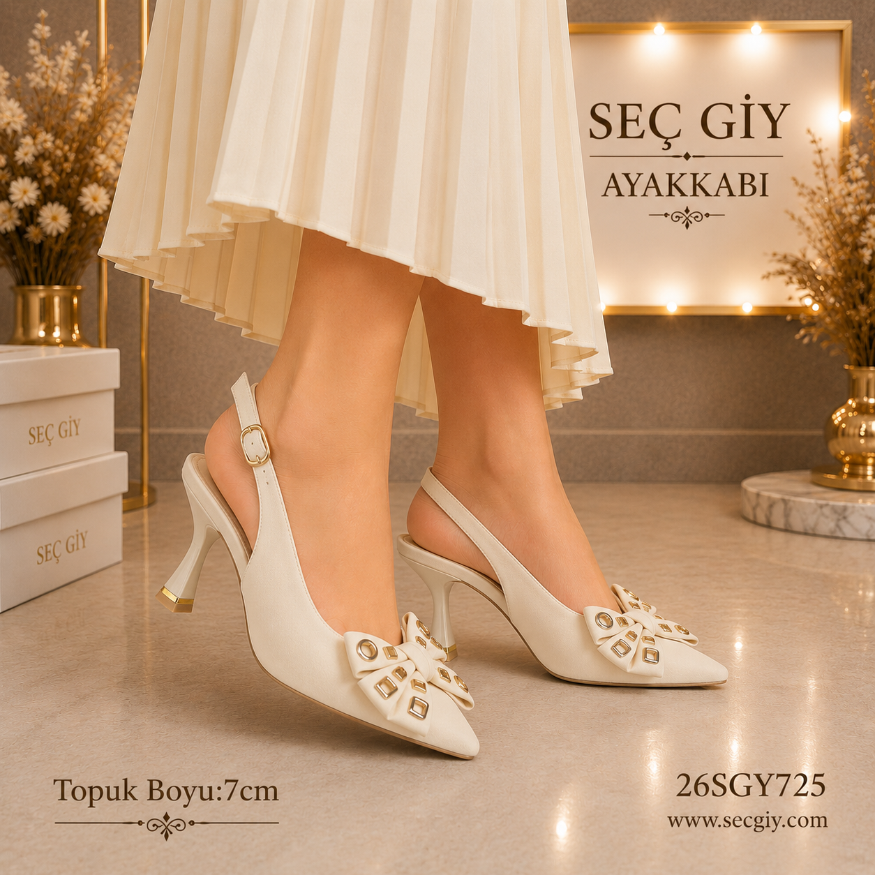 Fiyonk Detaylı Krem Kadın Slingback Topuklu Ayakkabı 7CM