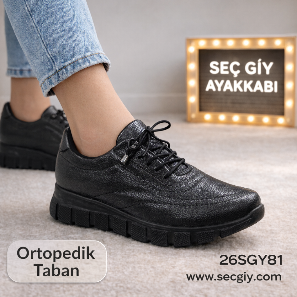 Ortopedik Tabanlı Parlak Siyah Bayan Spor Ayakkabı – Bağcıklı Günlük Rahat Model
