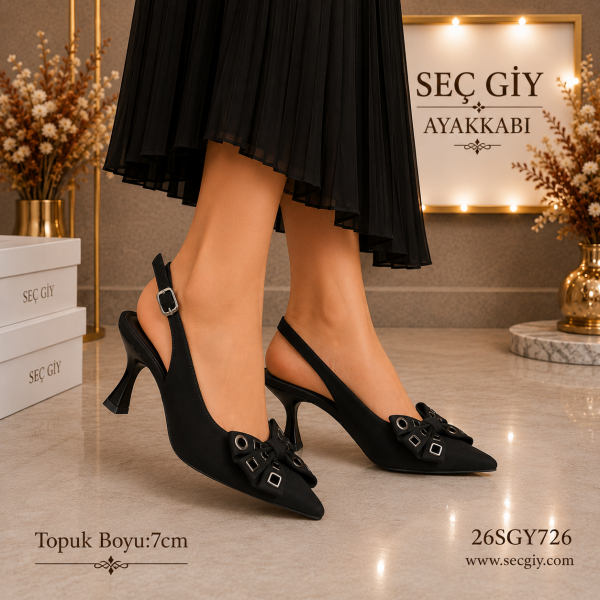 Siyah Fiyonk Detaylı Kadın Slingback Topuklu Ayakkabı 7CM