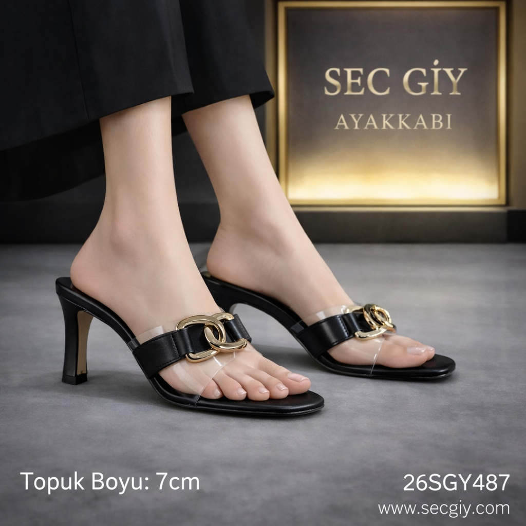 Siyah Şeffaf Bantlı Zincir Detaylı 7 cm İnce Topuklu Kadın Terlik – Şık ve Modern Yazlık Model