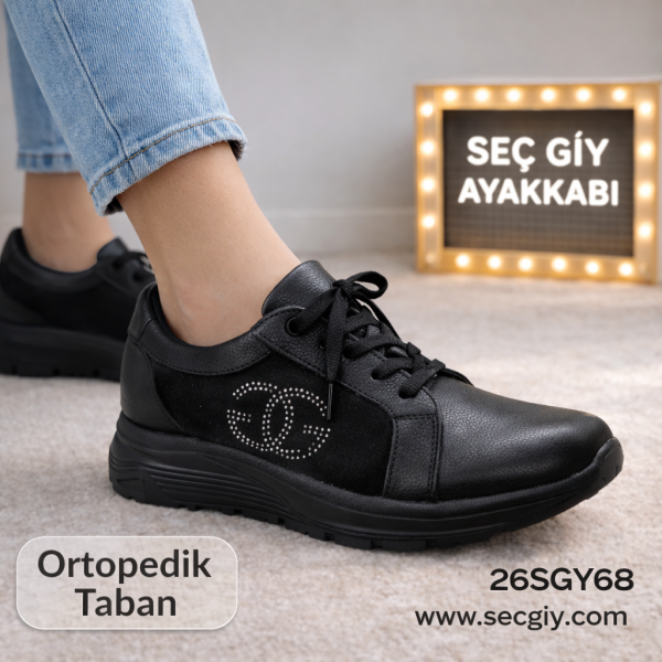 Ortopedik Tabanlı Siyah Bayan Spor Ayakkabı – Taş Detaylı Bağcıklı Günlük Model