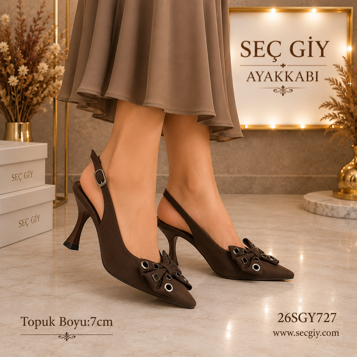 Kahve Fiyonk Detaylı Kadın Slingback Topuklu Ayakkabı 7CM
