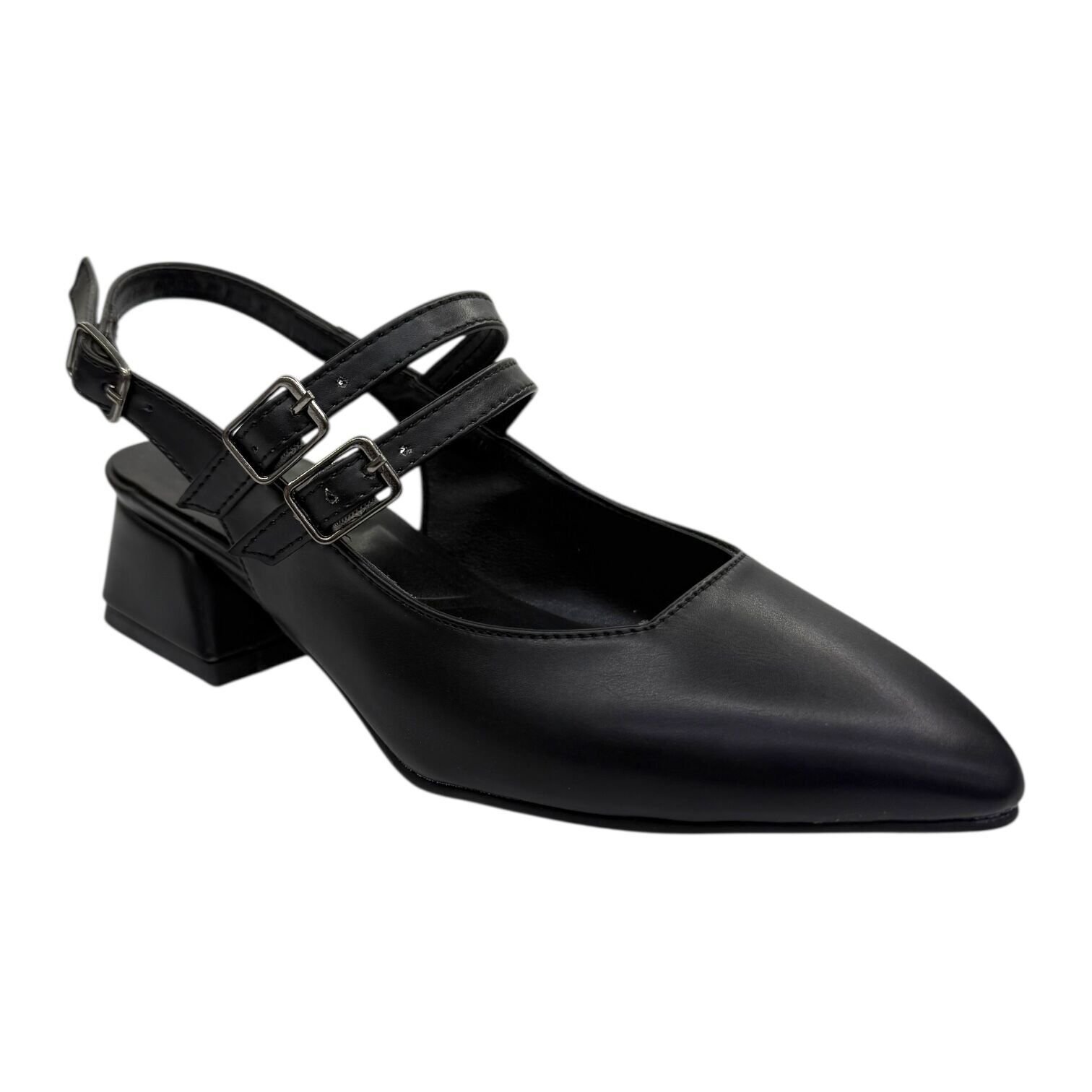 Çift Tokalı Kısa Topuklu Siyah Babet