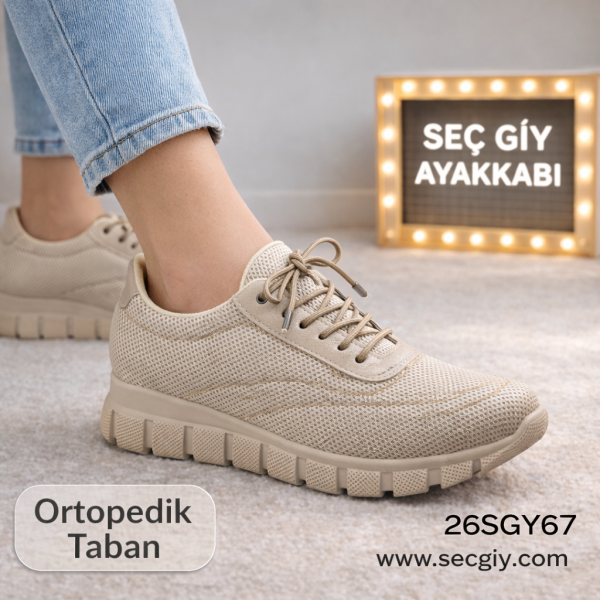 Ortopedik Tabanlı Bej Bayan Spor Ayakkabı – Nefes Alabilen Fileli Günlük Model
