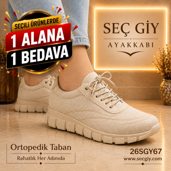 Ortopedik Tabanlı Bej Bayan Spor Ayakkabı – Nefes Alabilen Fileli Günlük Model