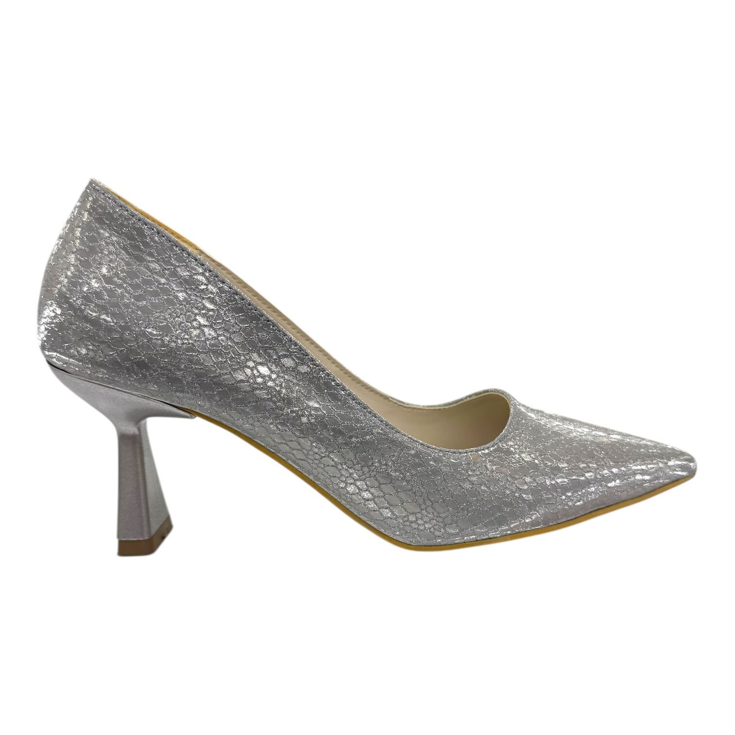 Gümüş Yılan Desenli Orta Topuklu Stiletto-Gümüş