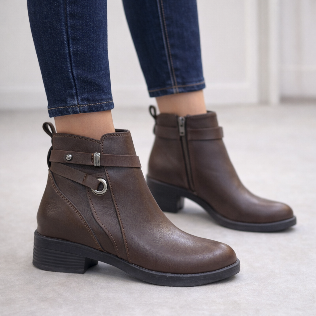 Kahverengi Halka Detaylı Bilek Boy Kadın Bot – Günlük & Rahat Model