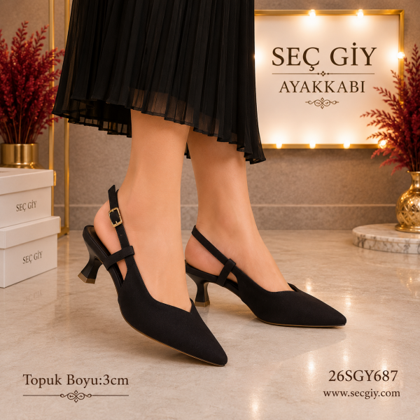 Siyah Sivri Burun Kadın Slingback Topuklu Ayakkabı 3CM