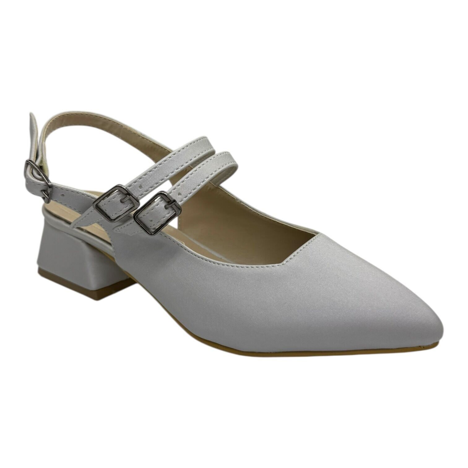 Çift Tokalı Açık Gri Renk Topuklu Babet