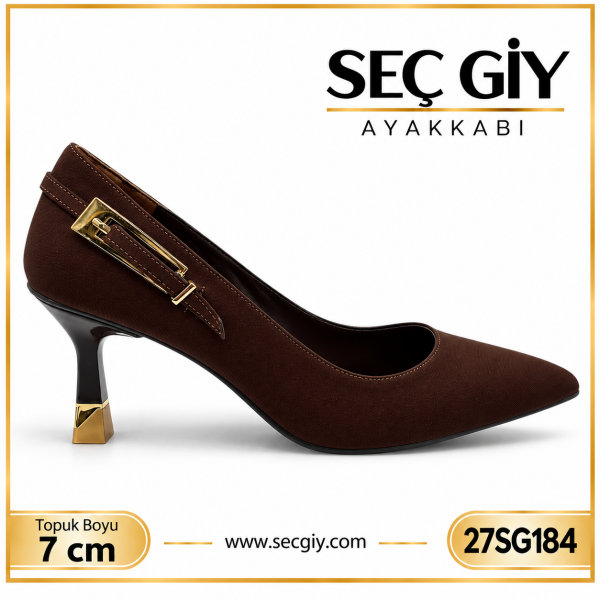 Acı Kahve Sivri Burun Tokalı Bayan Topuklu Ayakkabı 7 cm