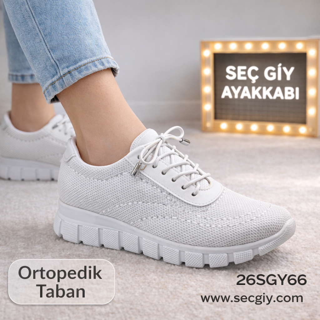 Ortopedik Tabanlı Beyaz Bayan Spor Ayakkabı – Nefes Alabilen Hafif Günlük Model