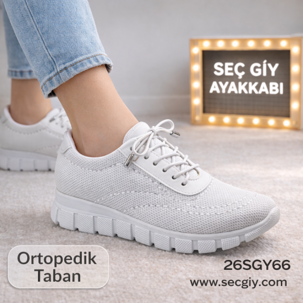 Ortopedik Tabanlı Beyaz Bayan Spor Ayakkabı – Nefes Alabilen Hafif Günlük Model