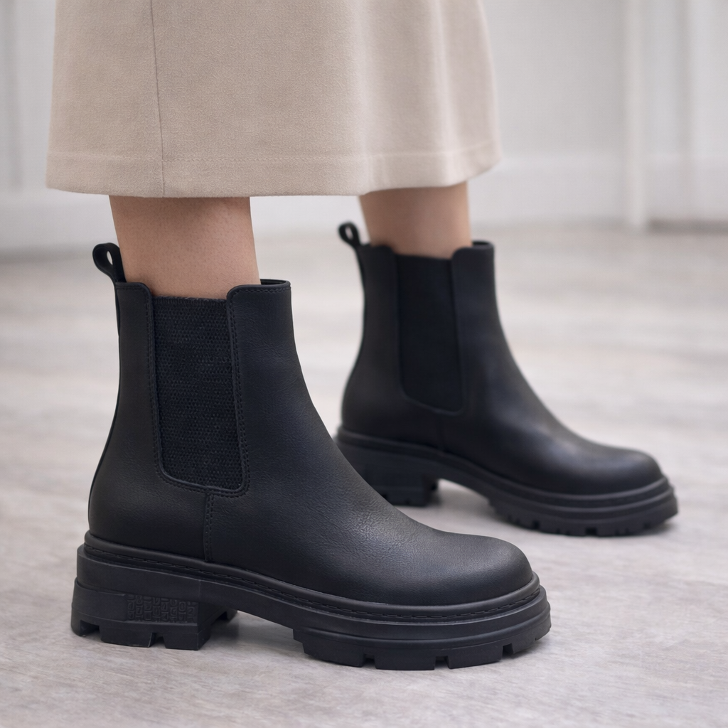 Siyah Lastikli Chelsea Kadın Bot – Kalın Taban, Dişli Kauçuk, Günlük & Trend
