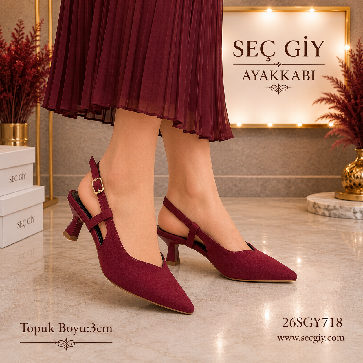 Bordo Sivri Burun Kadın Slingback Topuklu Ayakkabı 3CM