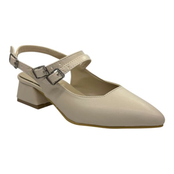 Çift Tokalı Krem Topuklu Babet