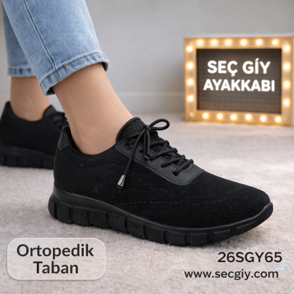 Ortopedik Tabanlı Siyah Bayan Spor Ayakkabı – Hafif ve Nefes Alabilen Günlük Model