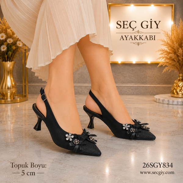 Siyah Kadın Topuklu Ayakkabı 5 cm Sivri Burun Arkası Açık Fiyonk Detaylı Abiye Ayakkabı