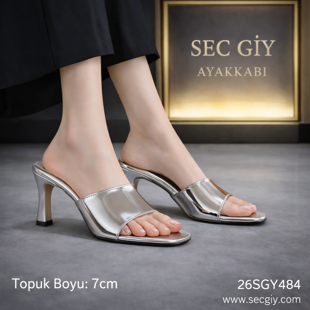 Gümüş Ayna Efektli 7 cm İnce Topuklu Kadın Terlik – Minimal Şık Gece ve Davet Ayakkabısı