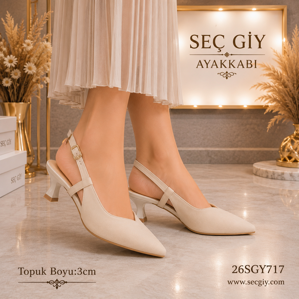 Krem Sivri Burun Kadın Slingback Topuklu Ayakkabı 3CM