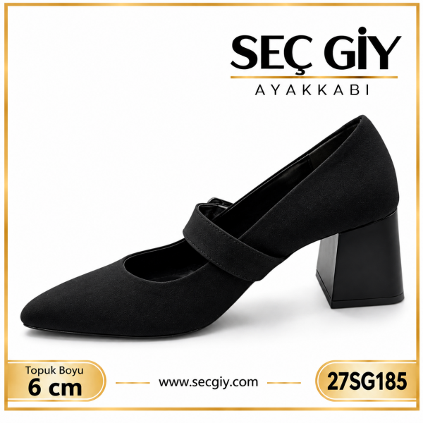 Siyah Bantlı Taş Tokalı Sivri Burun Bayan Topuklu Ayakkabı 6 cm