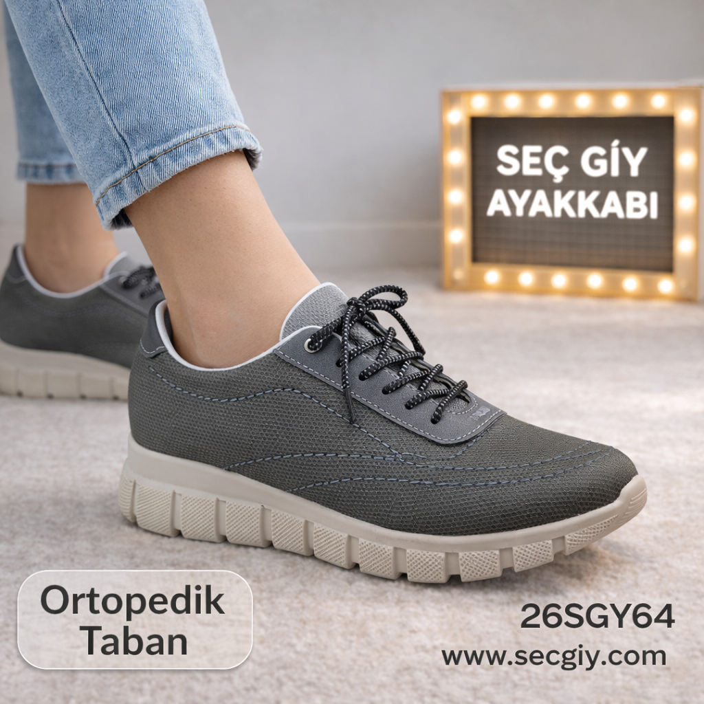 Ortopedik Tabanlı Gri Bayan Spor Ayakkabı – Hafif ve Günlük Konforlu Model