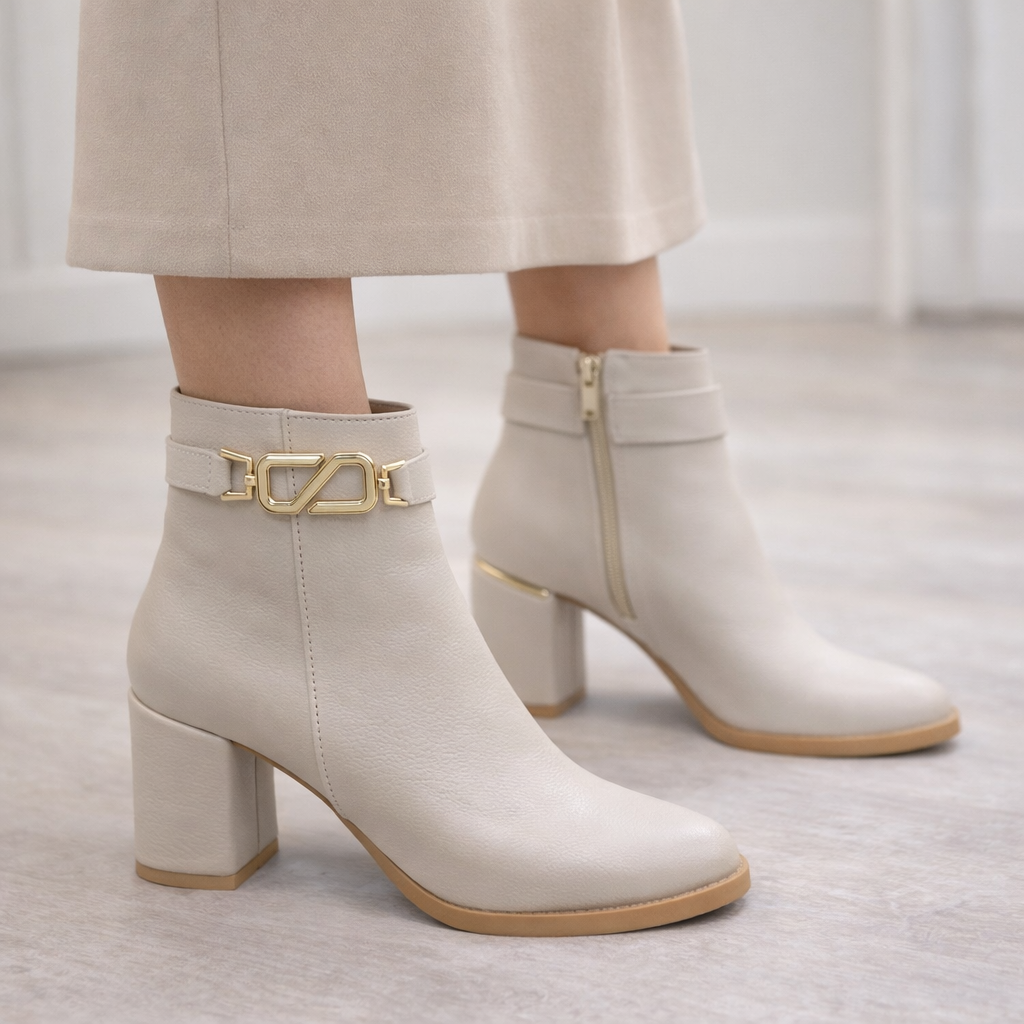 Krem Gold Tokalı Topuklu Kadın Bot | Blok Topuk – Şık & Günlük Kombin