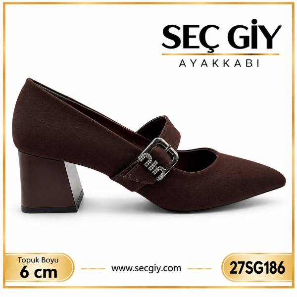 Acı Kahve Bantlı Taş Tokalı Sivri Burun Bayan Topuklu Ayakkabı 6 cm