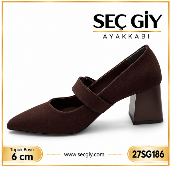 Acı Kahve Bantlı Taş Tokalı Sivri Burun Bayan Topuklu Ayakkabı 6 cm