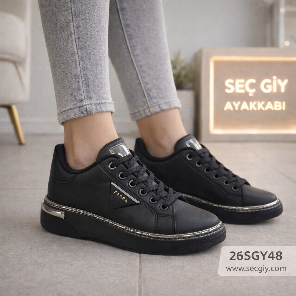 Siyah Bağcıklı Bayan Spor Ayakkabı – Kalın Tabanlı Günlük Konforlu Model