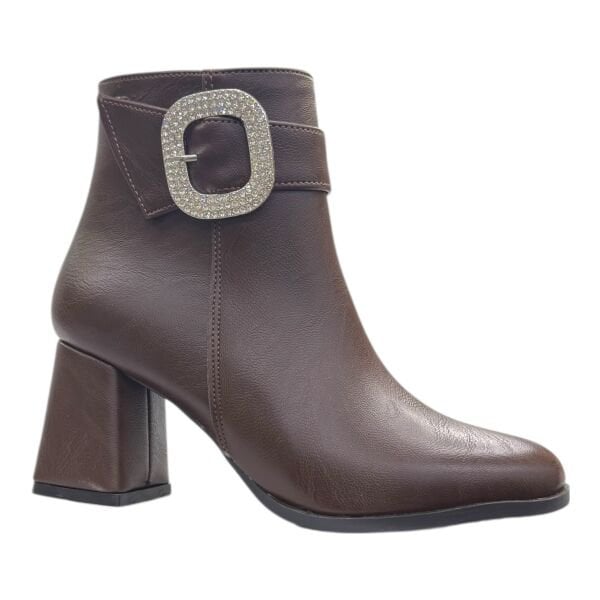 Kahverengi Taş Tokalı Topuklu Kadın Bot | Işıltılı Tokalı – Şık & Zarif Model