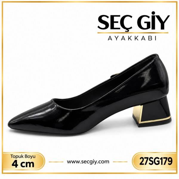 Siyah Rugan Gold Detaylı Sivri Burun Bayan Topuklu Ayakkabı 4 cm