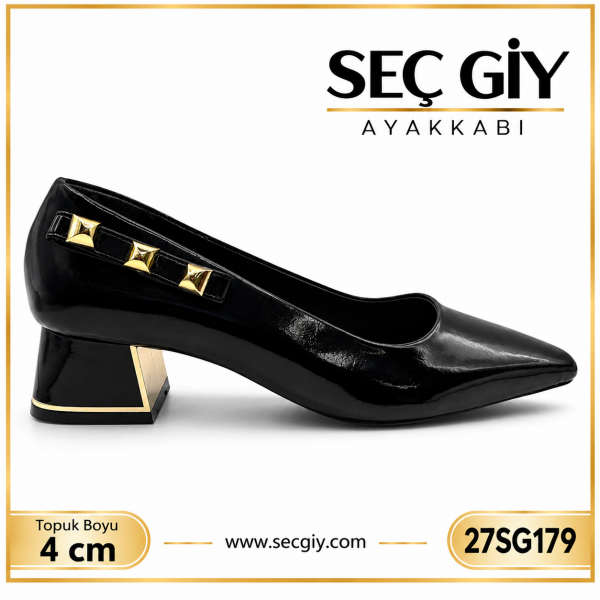 Siyah Rugan Gold Detaylı Sivri Burun Bayan Topuklu Ayakkabı 4 cm