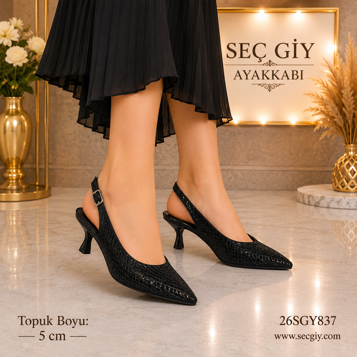 Siyah Kroko Desenli Kadın Topuklu Ayakkabı 5 cm Sivri Burun Arkası Açık Abiye Ayakkabı
