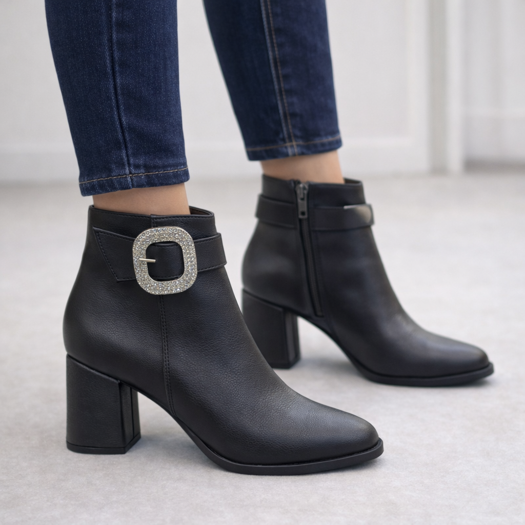 Siyah Işıltılı Taş Tokalı Topuklu Kadın Bot | Blok Topuk – Şık & Modern