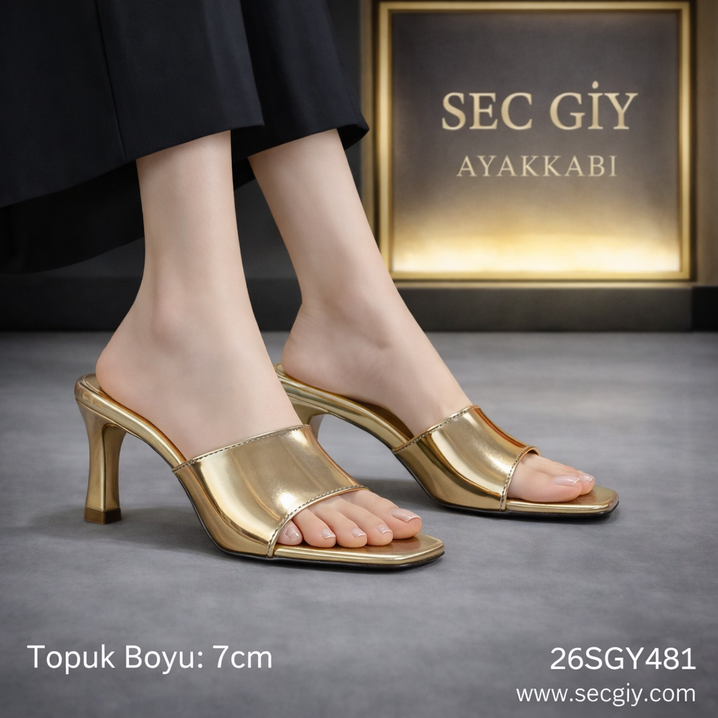 Altın Ayna Efektli 7 cm İnce Topuklu Kadın Terlik