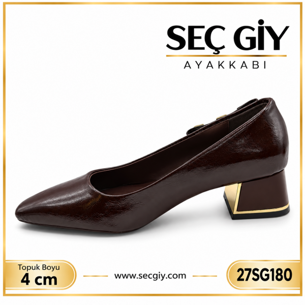 Acı Kahve Rugan Gold Detaylı Sivri Burun Bayan Topuklu Ayakkabı 4 cm