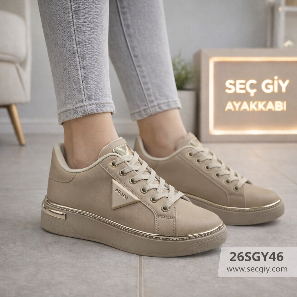 Bej Bağcıklı Bayan Spor Ayakkabı – Kalın Tabanlı Günlük Şık Model